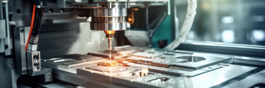 Cnc machine working metal detail in factory workshop